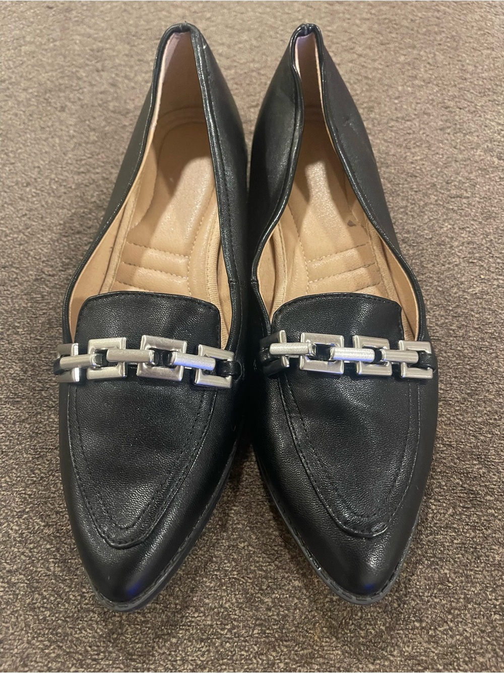 Adrienne Vittadini Black Pointed Toe Loafers with Silver Chain